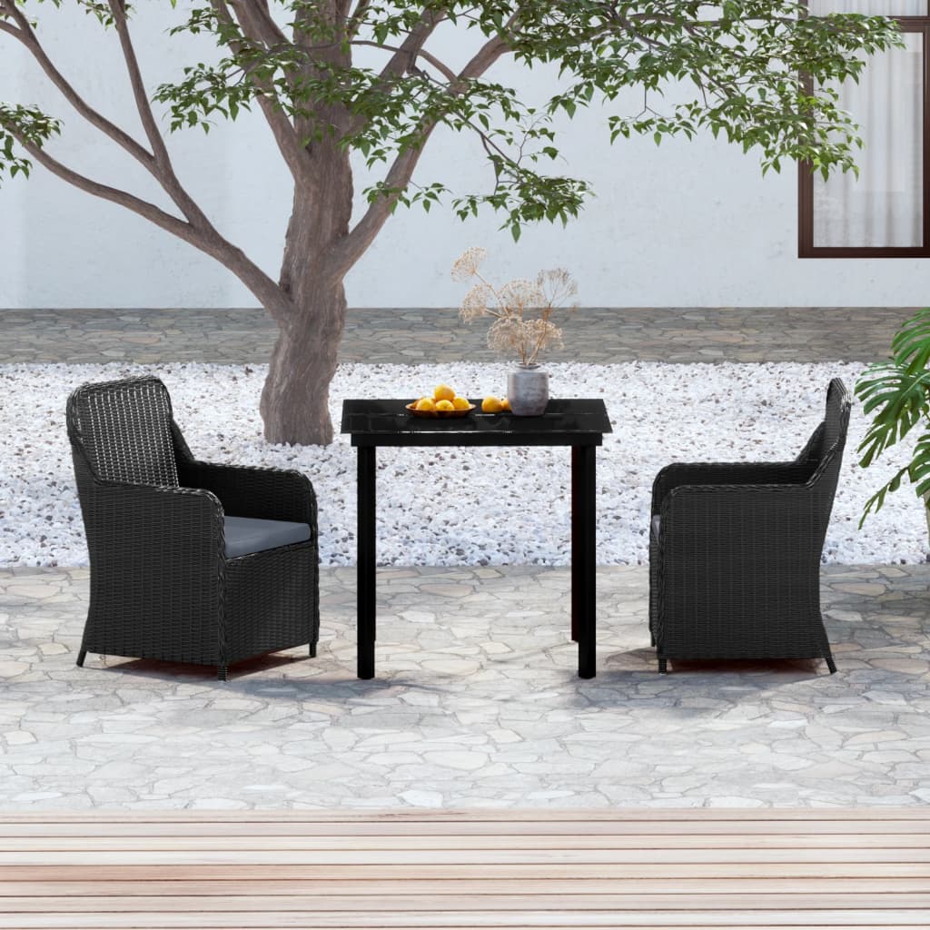 Juego de comedor de jardín de 3 piezas con cojines negro