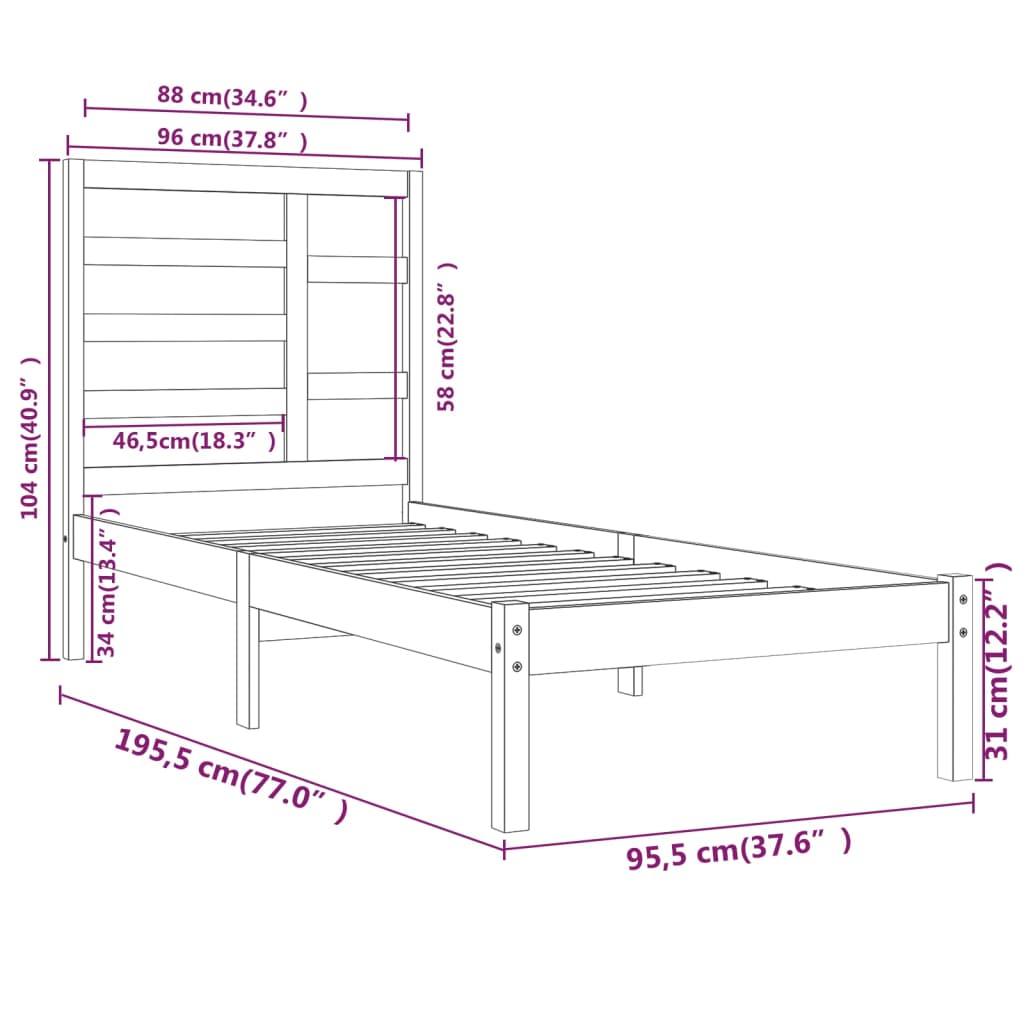 Estructura de cama individual de madera maciza marrón miel 90x190 cm 3FT